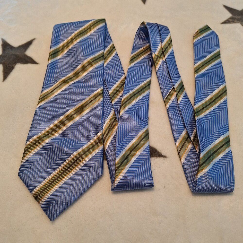 Henry Jacobson‎ Men's Neck Tie Blue And Green Striped 100% Silk Handmade